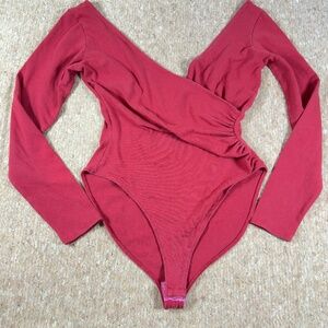 Vintage 90s DKNY Red Wrap Bodysuit Long Sleeve V-Neck Stretch Snap M